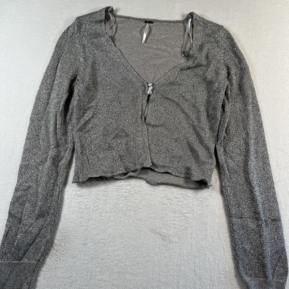 Free People Cardigan Sweater Womens Small Silver Glitter Knit Button Cropped